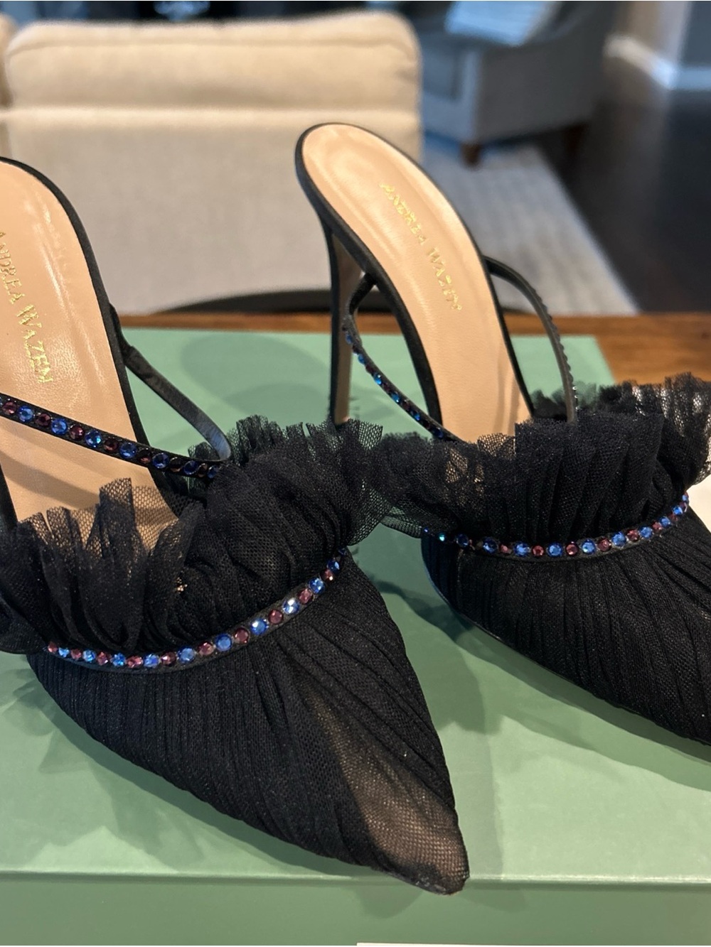 Andrea Wazen Kaya Black Tulle Pointed Mule Heels with Swarovski Crystals 39